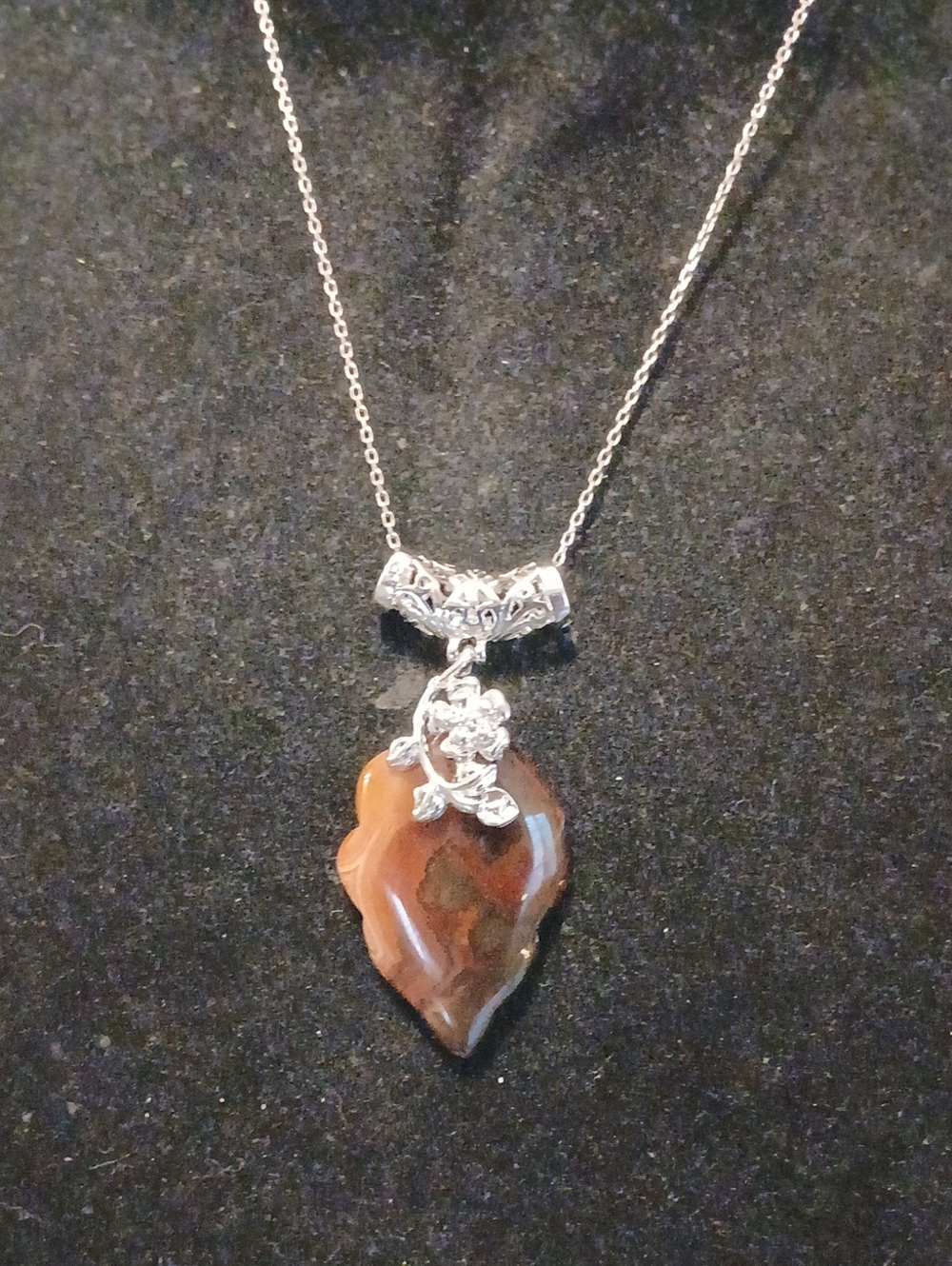 Sterling Silver Brown Agate Leaf Pendant Necklace - Women Jewelry